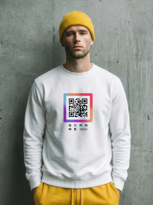 Man wearing QRSona unisex QR code sweatshirt – smart fashion for entrepreneurs, freelancers and networkers
