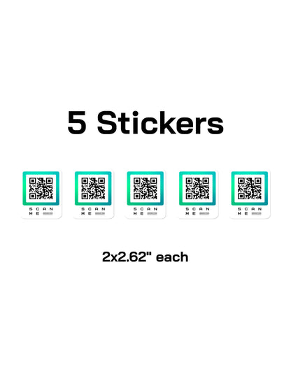 QRSona smart QR code stickers 5-pack – durable vinyl with scannable dynamic link for laptops, phones and packaging