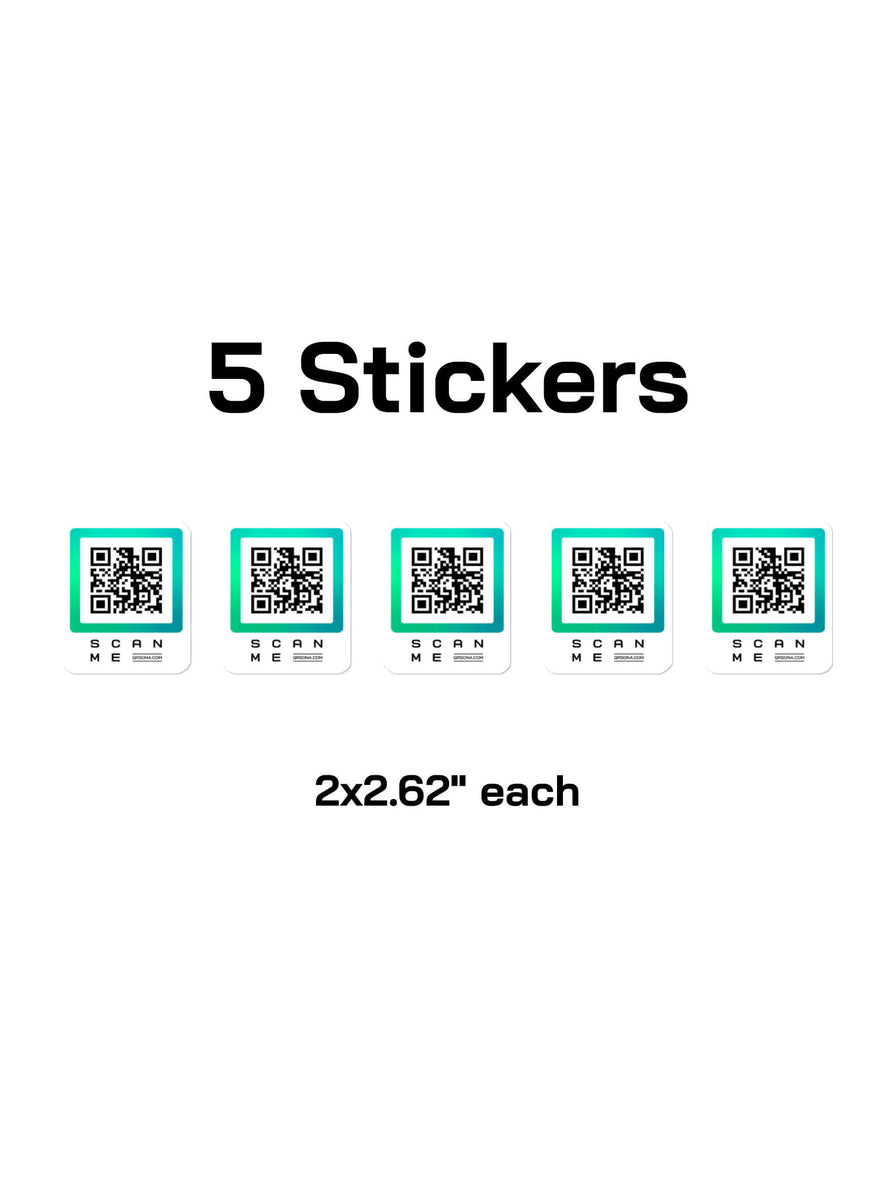 QRSona smart QR code stickers 5-pack – durable vinyl with scannable dynamic link for laptops, phones and packaging