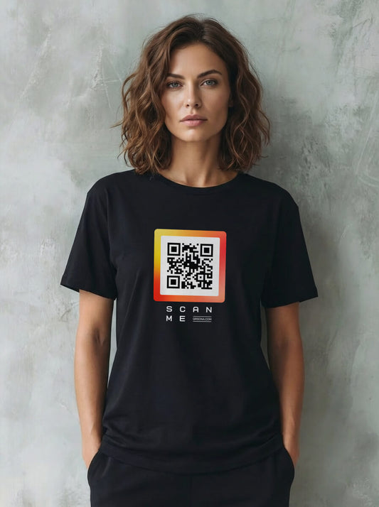 Woman wearing QRSona unisex smart t-shirt – comfortable 100% cotton tee for content creators and professionals