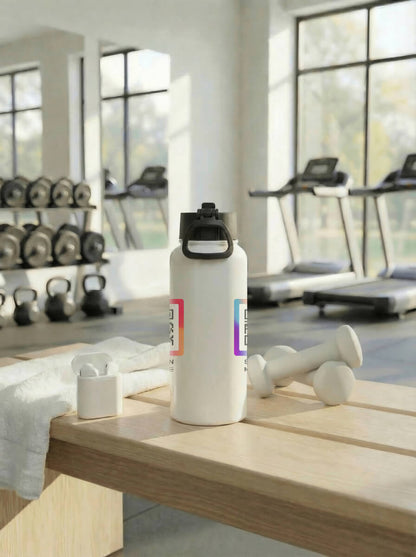 QRSona QR code water bottle side view – vacuum insulated with rotating handle for gym, office and networking