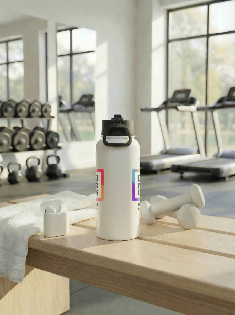 QRSona QR code water bottle side view – vacuum insulated with rotating handle for gym, office and networking