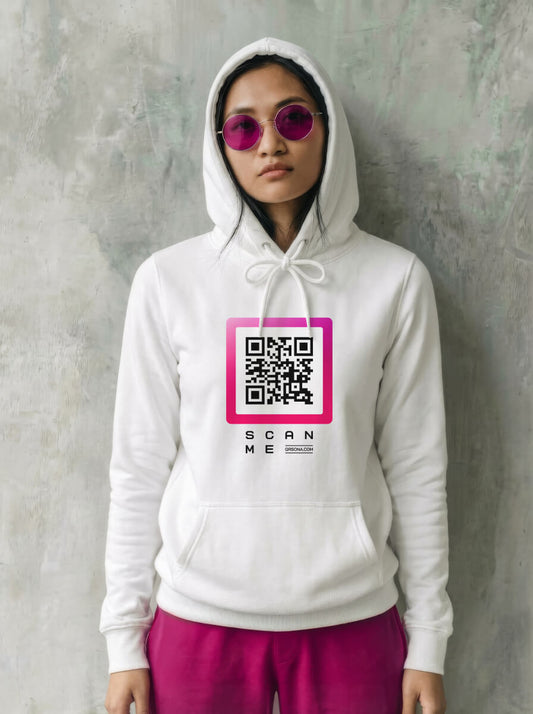 Woman wearing QRSona unisex smart hoodie – comfortable premium streetwear for content creators and professionals