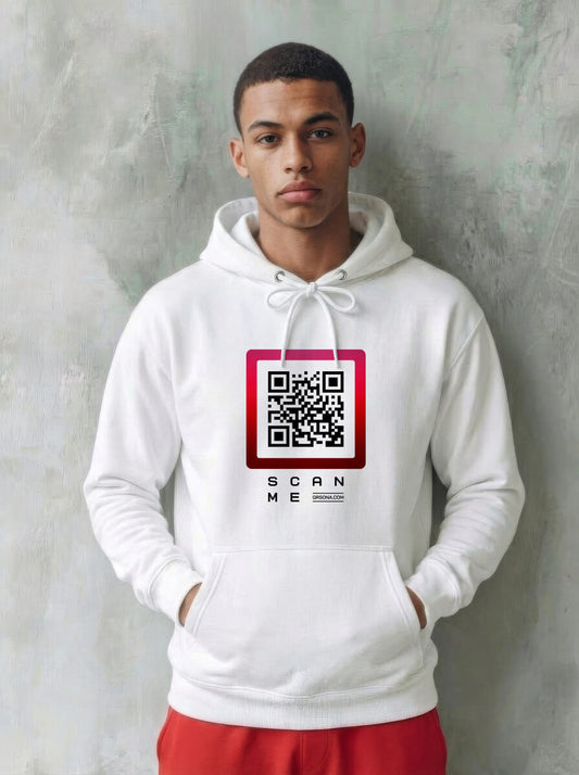 Man wearing QRSona unisex QR code hoodie – smart streetwear for entrepreneurs, freelancers and networkers