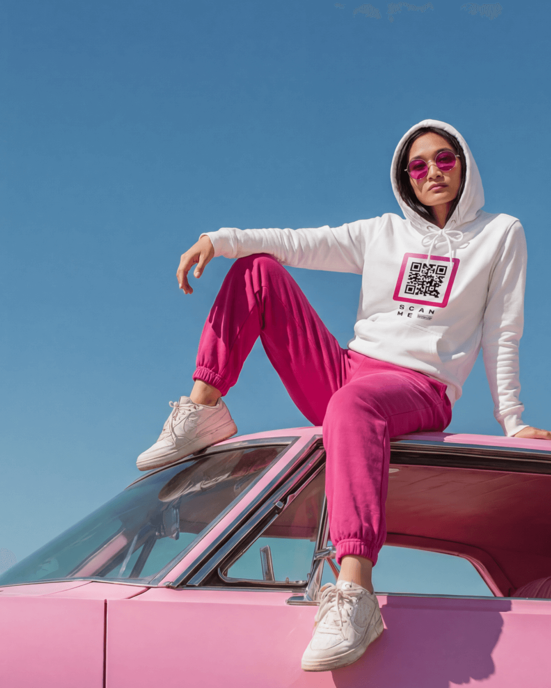 Qrsona Hoodie-Hülle – QR-Code-Hoodie für Damen – Weißer Hoodie, Magenta QR-Code-Stil