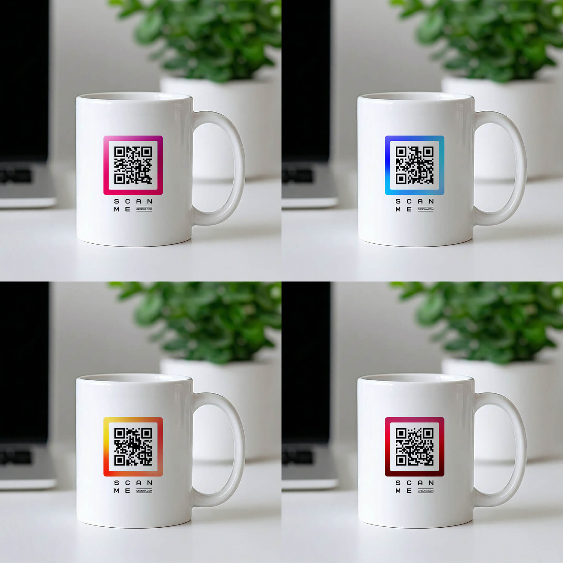 QRSona mug QR code style options – 8 unique designs to match your personal brand on white glossy ceramic