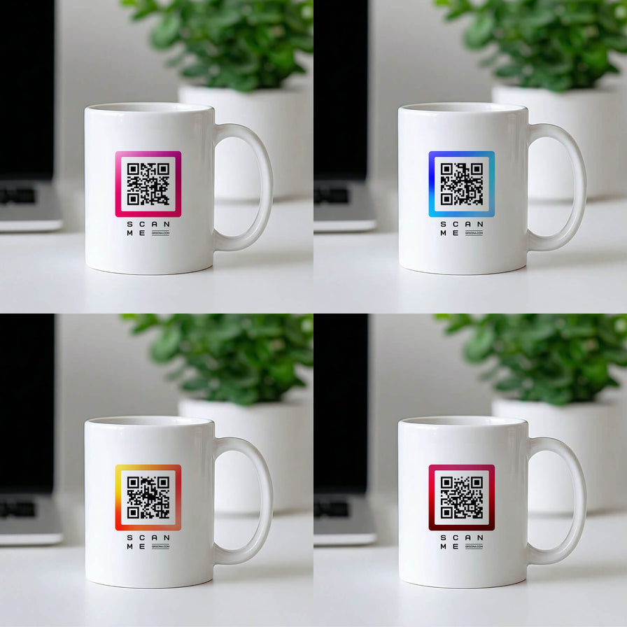 QRSona mug QR code style options – 8 unique designs to match your personal brand on white glossy ceramic