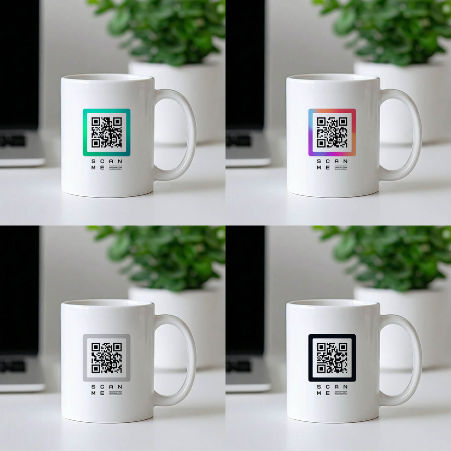 QRSona smart mug collection – choose from 8 customizable QR code designs for creators and professionals