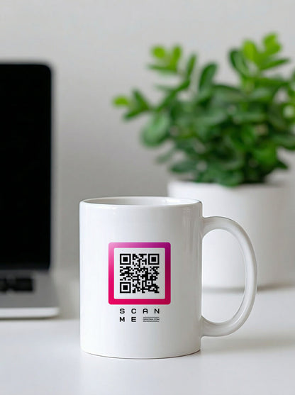 QRSona smart QR code mug – white glossy ceramic with scannable dynamic link for networking and personal branding