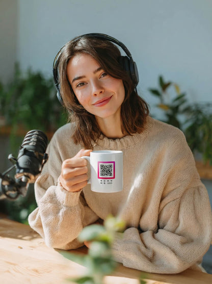 QRSona QR code coffee mug side view – 11oz ceramic mug with customizable QR design, dishwasher and microwave safe