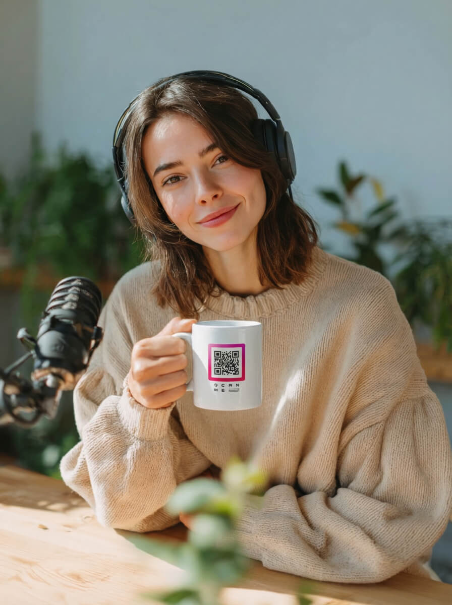 QRSona QR code coffee mug side view – 11oz ceramic mug with customizable QR design, dishwasher and microwave safe