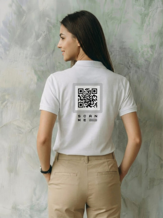 Woman modeling QRSona polo from behind – dynamic QR code connects to your personal link, portfolio or social media