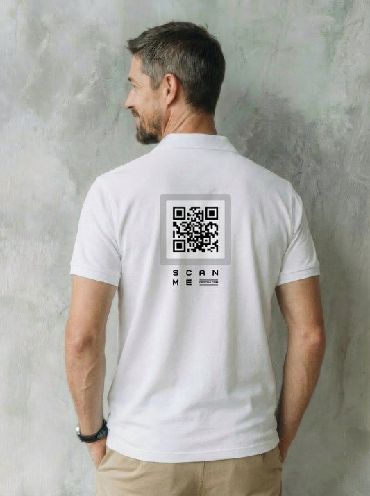 Man modeling QRSona smart polo back view – scannable QR code links to any URL you choose