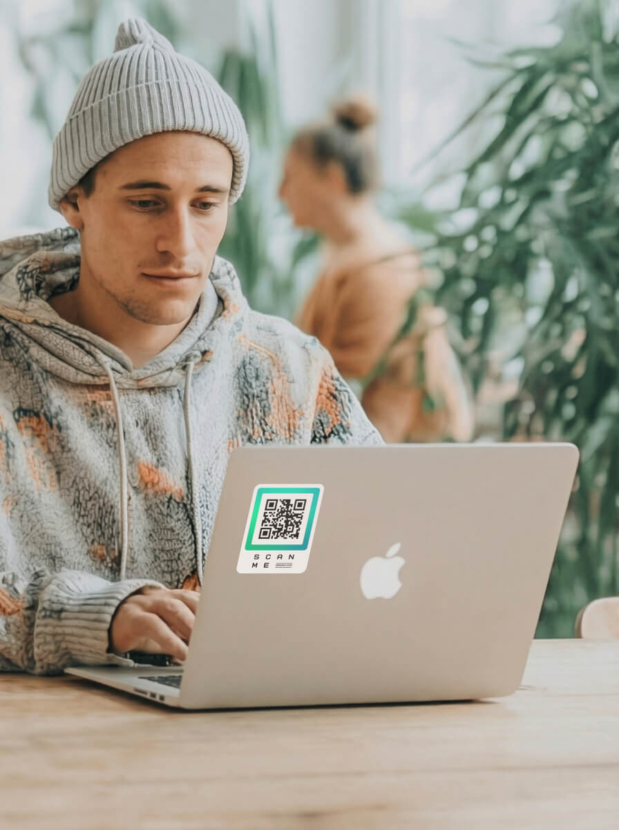 QRSona smart QR code stickers 5-pack – durable vinyl with scannable dynamic link for laptops, phones and packaging