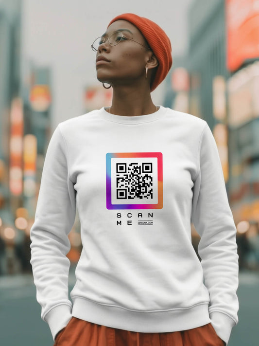 Woman wearing QRSona unisex smart sweatshirt – comfortable premium crewneck for content creators and professionals