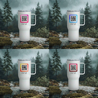 Four white travel mugs with colored QR codes on mossy rock, forest background, Qrsona smart fashion accessory.