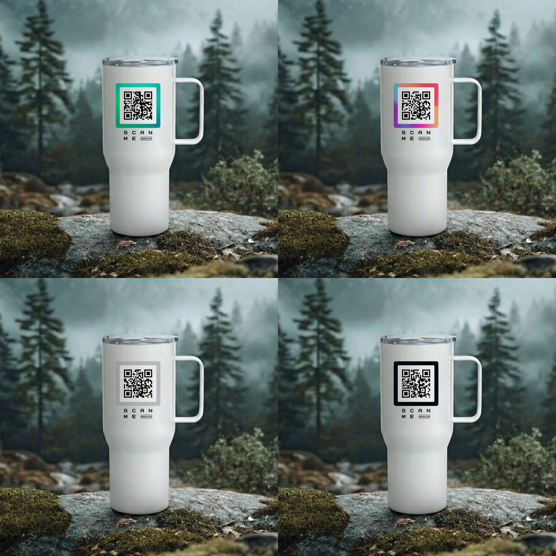 Four white travel mugs with QR code labels, outdoors on a rock, Qrsona smart fashion branding.