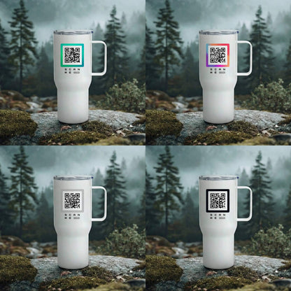 Four white travel mugs with QR code labels, outdoors on a rock, Qrsona smart fashion branding.