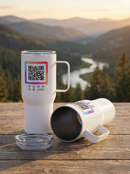 White travel mugs with QR codes, wooden table, scenic mountain background, Qrsona smart fashion