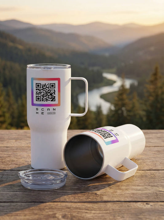 White travel mugs with QR codes, wooden table, scenic mountain background, Qrsona smart fashion