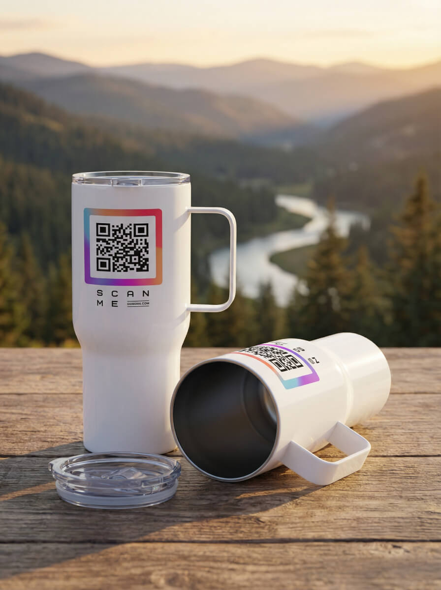 White travel mugs with QR codes, wooden table, scenic mountain background, Qrsona smart fashion