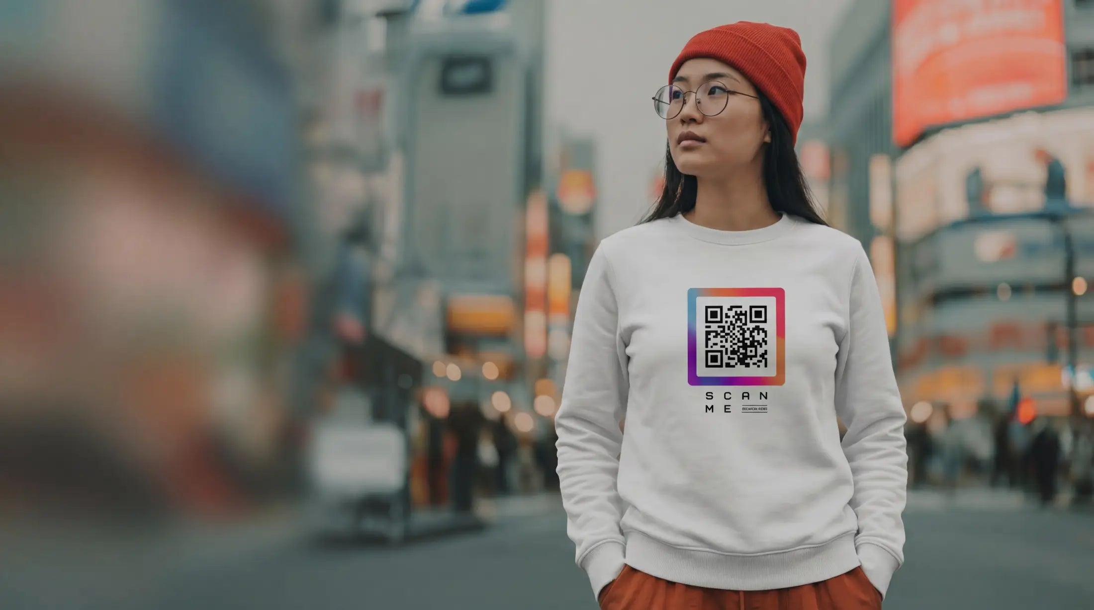 Woman in white sweatshirt with QR code, streetwear