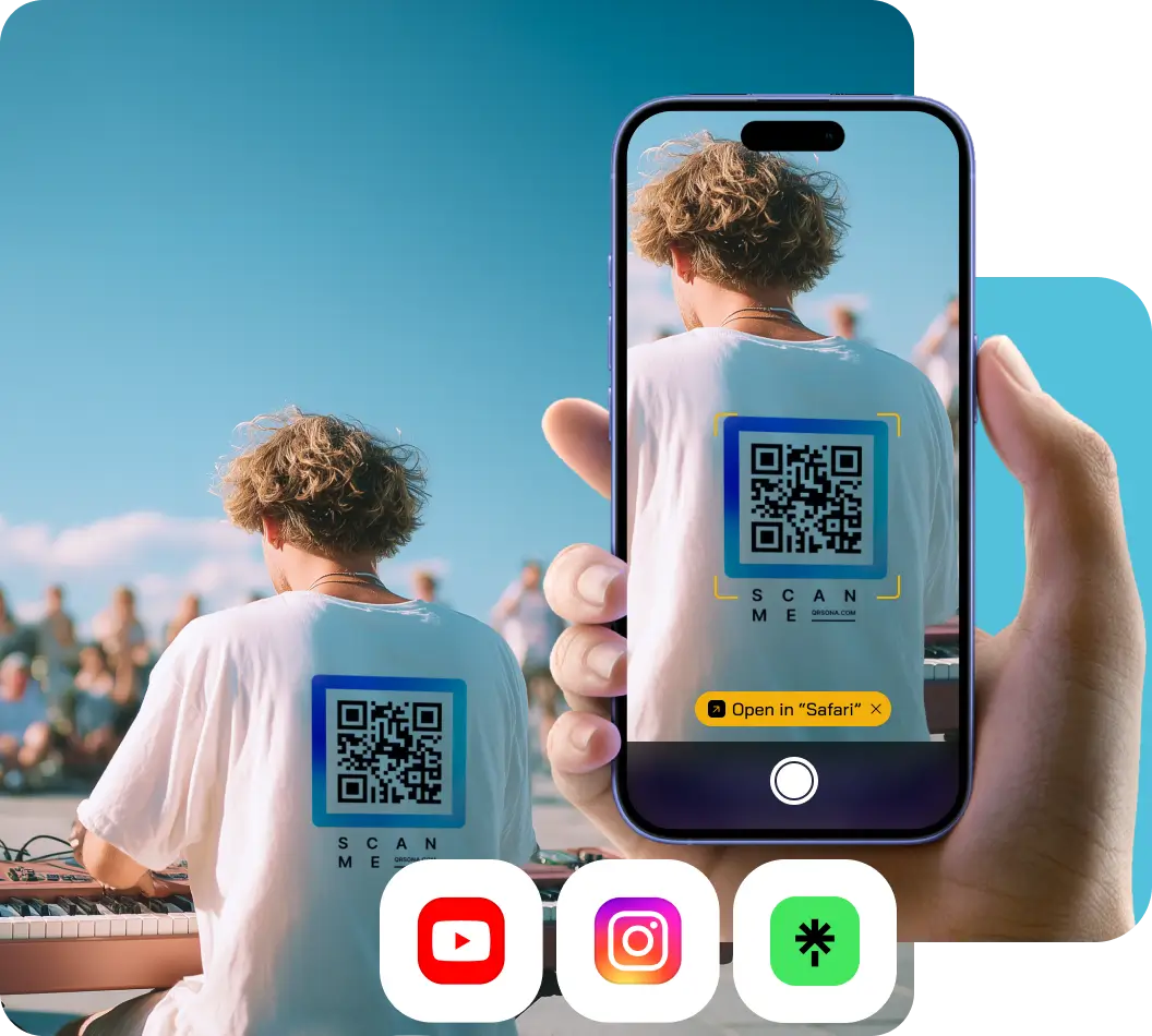 Hand with phone on foreground scan QR code on musician' back. 